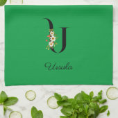 Watercolor botanical green initial monogram キッチンタオル (折り畳み)