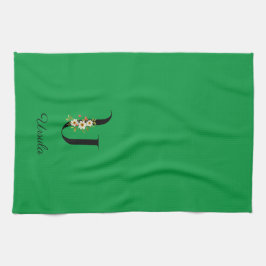 Watercolor botanical green initial monogram キッチンタオル