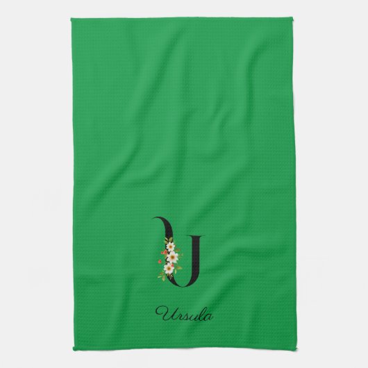 Watercolor botanical green initial monogram キッチンタオル (縦)