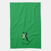 Watercolor botanical green initial monogram キッチンタオル (縦)