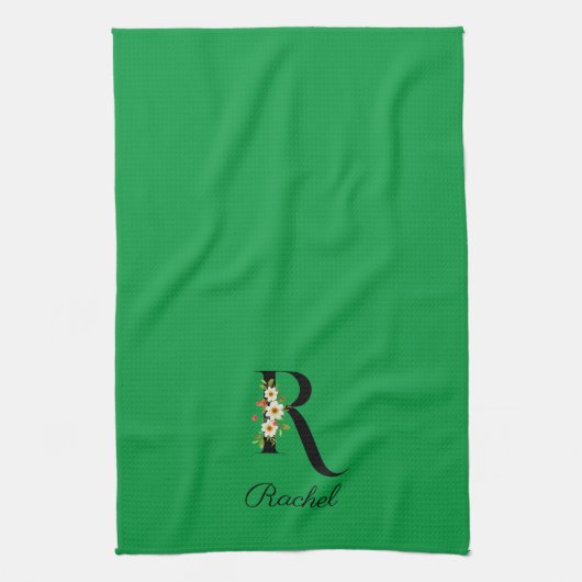 Watercolor botanical green initial monogram キッチンタオル (縦)