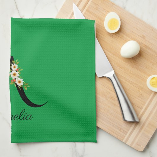 Watercolor botanical green initial monogram キッチンタオル (四つ折り)