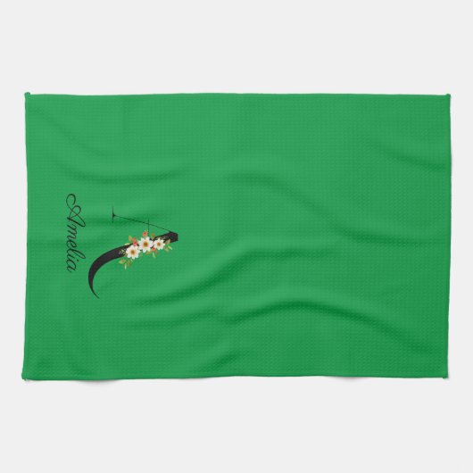 Watercolor botanical green initial monogram キッチンタオル (横)