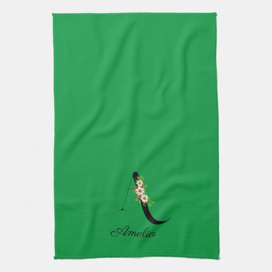Watercolor botanical green initial monogram キッチンタオル (縦)