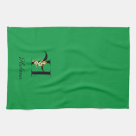Watercolor botanical green initial monogram キッチンタオル