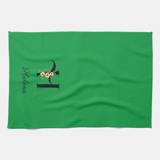 Watercolor botanical green initial monogram キッチンタオル (横)