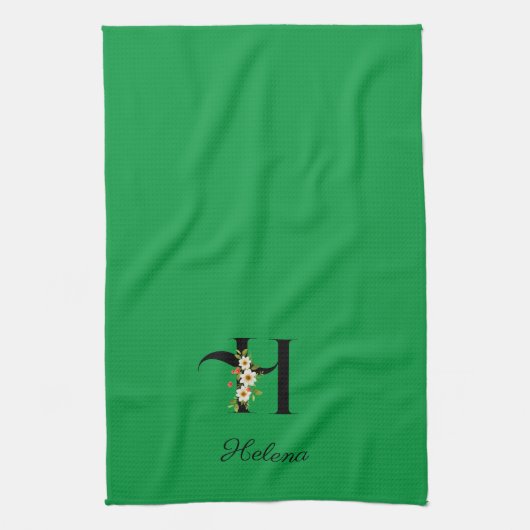 Watercolor botanical green initial monogram キッチンタオル (縦)