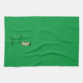 Watercolor botanical green initial monogram キッチンタオル