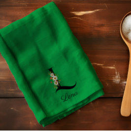 Watercolor botanical green initial monogram キッチンタオル