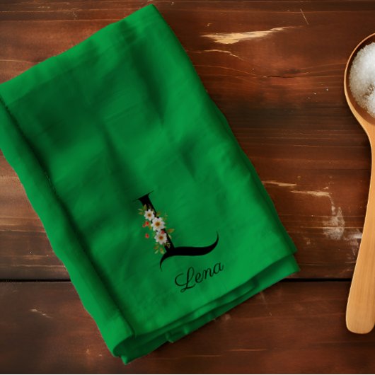 Watercolor botanical green initial monogram キッチンタオル
