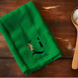 Watercolor botanical green initial monogram キッチンタオル