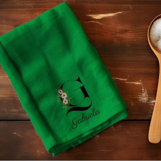 Watercolor botanical green initial monogram キッチンタオル