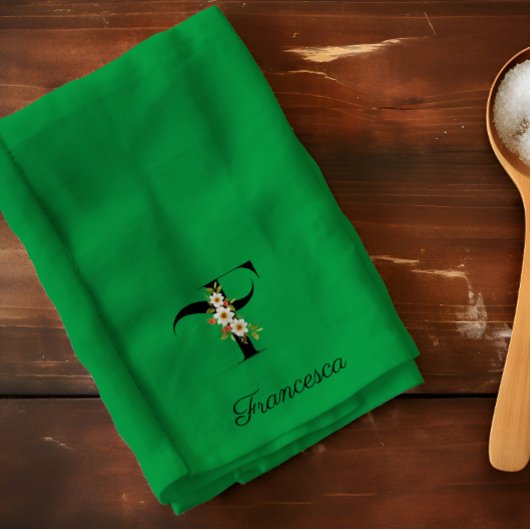 Watercolor botanical green initial monogram キッチンタオル