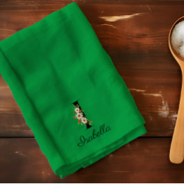 Watercolor botanical green initial monogram キッチンタオル