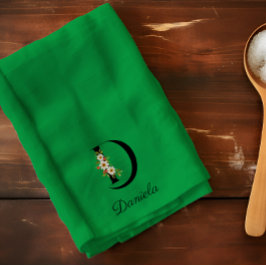 Watercolor botanical green initial monogram キッチンタオル