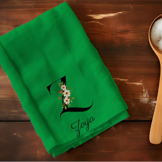 Watercolor botanical green initial monogram キッチンタオル