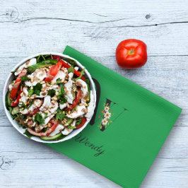 Watercolor botanical green initial monogram キッチンタオル