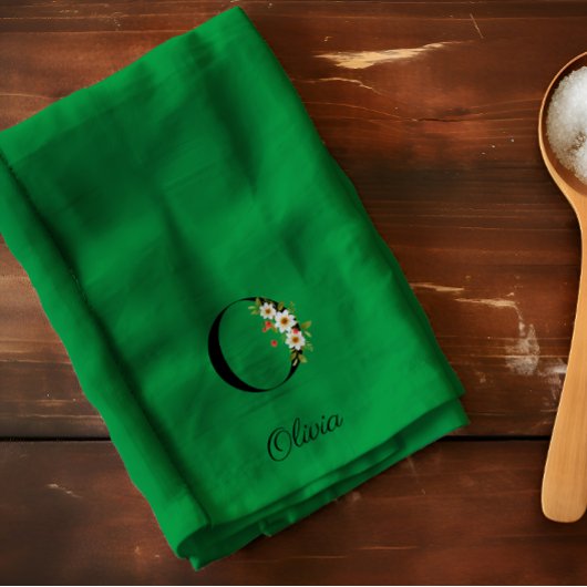 Watercolor botanical green initial monogram キッチンタオル