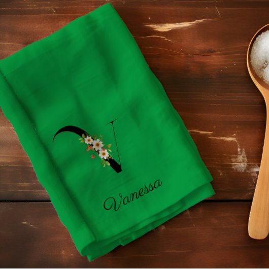 Watercolor botanical green initial monogram キッチンタオル