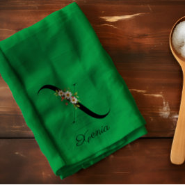 Watercolor botanical green initial monogram キッチンタオル