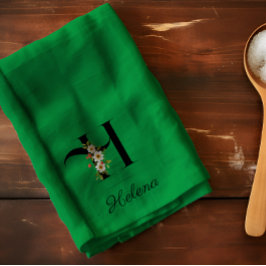 Watercolor botanical green initial monogram キッチンタオル