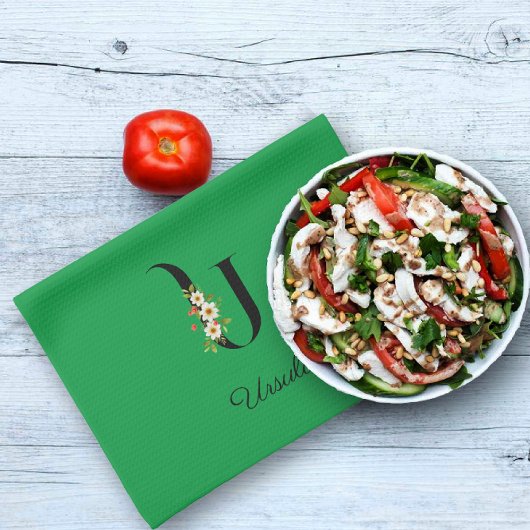 Watercolor botanical green initial monogram キッチンタオル