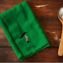 Watercolor botanical green initial monogram キッチンタオル