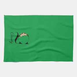 Watercolor botanical green initial monogram キッチンタオル