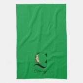 Watercolor botanical green initial monogram キッチンタオル (縦)