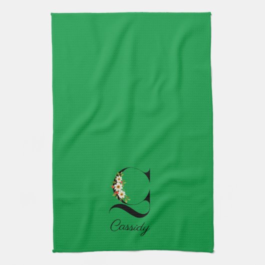 Watercolor botanical green initial monogram キッチンタオル (縦)