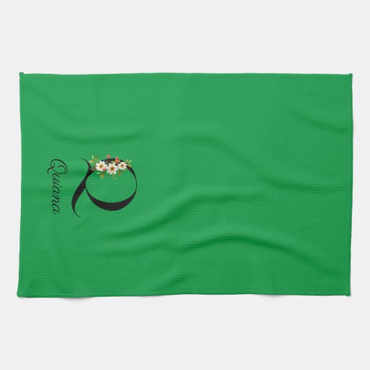 Watercolor botanical green initial monogram キッチンタオル (横)