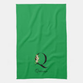 Watercolor botanical green initial monogram キッチンタオル (縦)