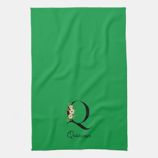 Watercolor botanical green initial monogram キッチンタオル (縦)