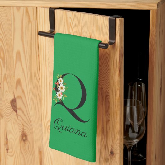 Watercolor botanical green initial monogram キッチンタオル (三つ折り)