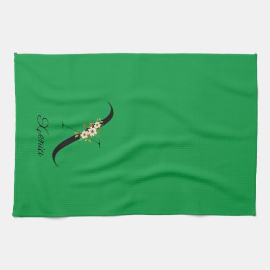 Watercolor botanical green initial monogram キッチンタオル (横)
