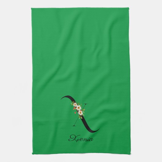 Watercolor botanical green initial monogram キッチンタオル (縦)