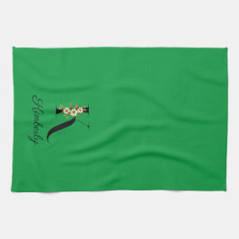 Watercolor botanical green initial monogram キッチンタオル