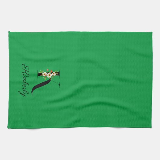 Watercolor botanical green initial monogram キッチンタオル (横)