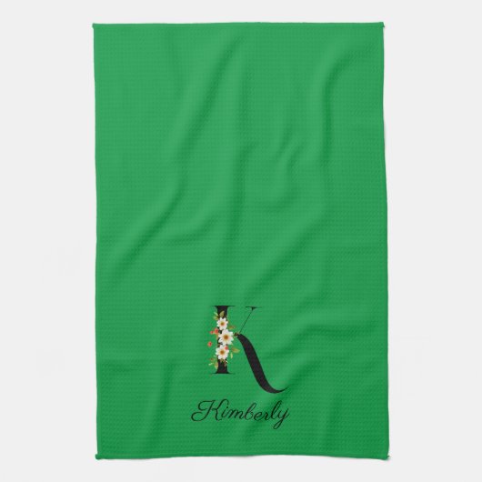 Watercolor botanical green initial monogram キッチンタオル (縦)