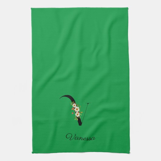 Watercolor botanical green initial monogram キッチンタオル (縦)