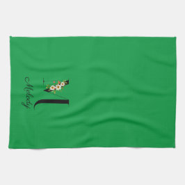 Watercolor botanical green initial monogram キッチンタオル