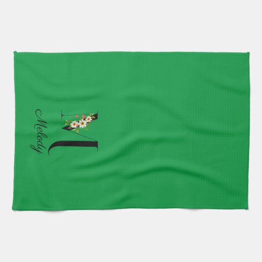 Watercolor botanical green initial monogram キッチンタオル (横)
