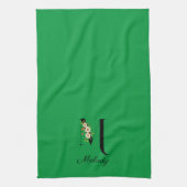 Watercolor botanical green initial monogram キッチンタオル (縦)