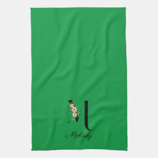 Watercolor botanical green initial monogram キッチンタオル (縦)