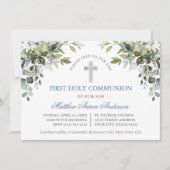 Watercolor Botanical Greenery Dusty Blue Communion 招待状 (正面)