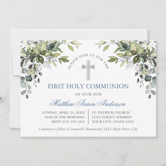 Watercolor Botanical Greenery Dusty Blue Communion 招待状 (正面)