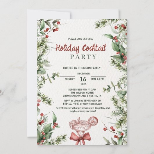 Watercolor Botanical Holiday Cocktail Party 招待状 (正面)