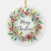 Watercolor Botanical Holly And Berries Wreath セラミックオーナメント (正面)