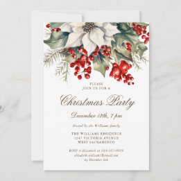 Watercolor Botanical Holly Berries Christmas Party 招待状