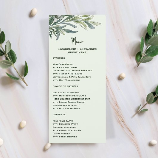 Watercolor Botanical Wedding Menu with Guest Name メニュー